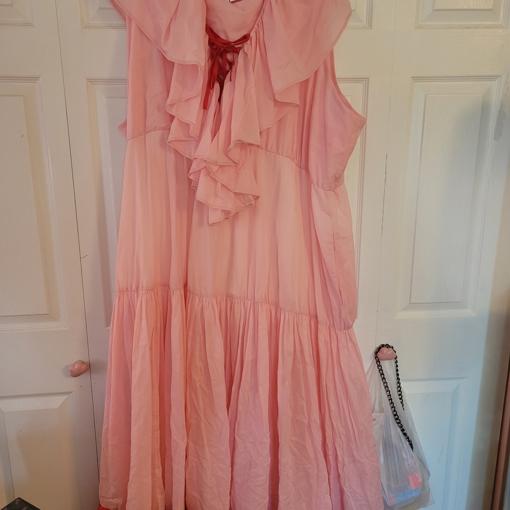 Sleeveless Pink Ruffle Maxi Dress with Tie Neck